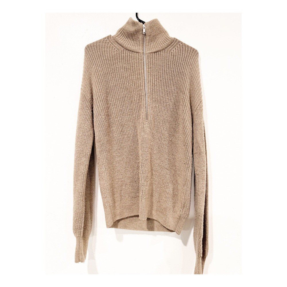 Quince 100% Merino Wool Quarter Zip Sweater Tan Oatmeal Ribbed Knit Small